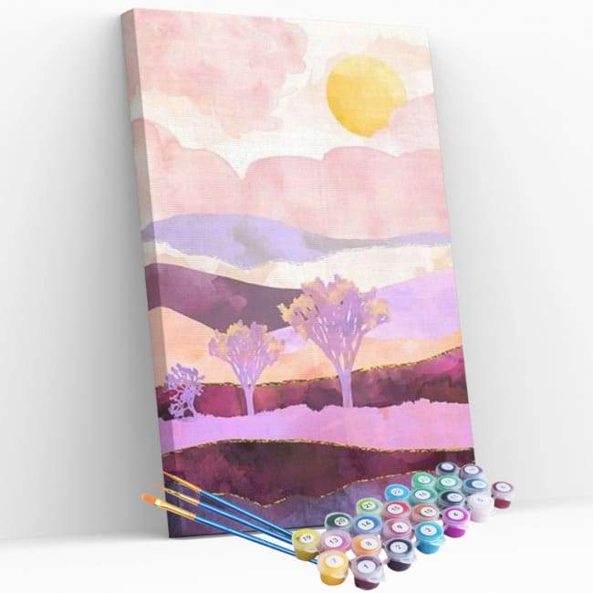 Kit pintura numerada - Montanhas rosa céu branco