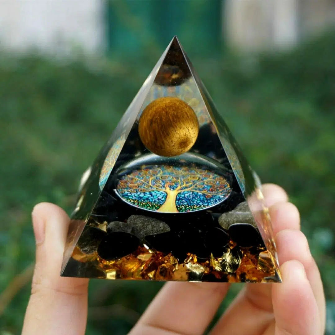 Pirâmide Orgonite Olho De Tigre Natural E Obsidiana