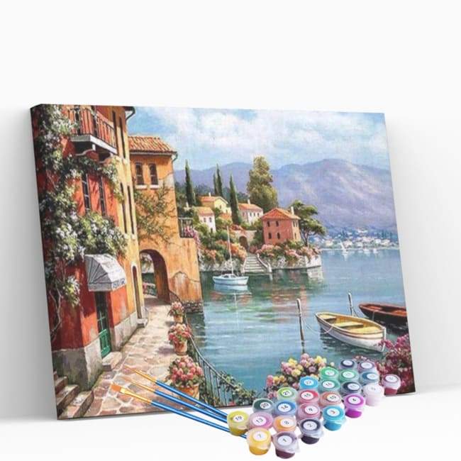 Kit pintura numerada - Vilarejo beira-mar barcos