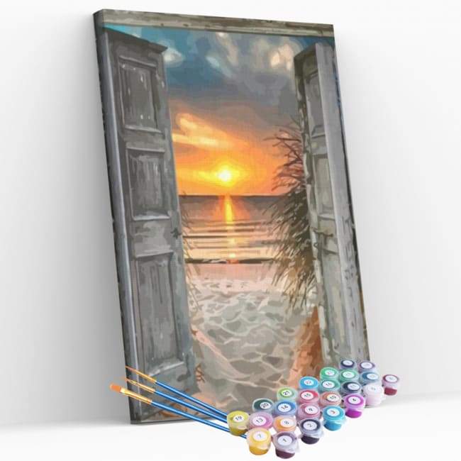 Kit pintura numerada - Porta para o mar e pôr-do-sol