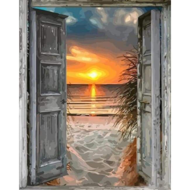 Kit pintura numerada - Porta para o mar e pôr-do-sol