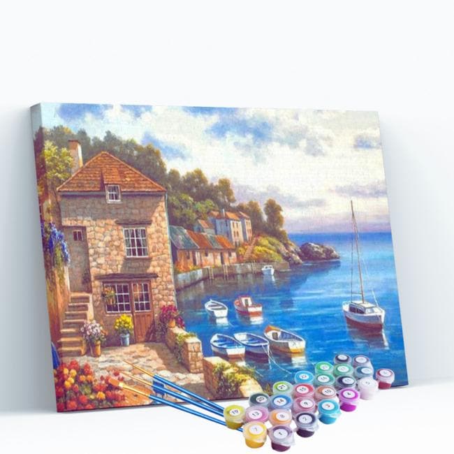 Kit pintura numerada - Casa vilarejo vista barcos