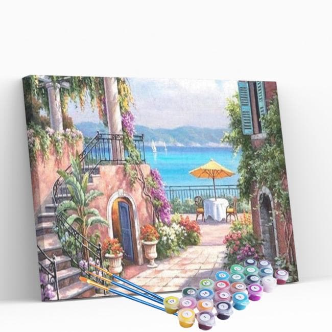 Kit pintura numerada - Escada e vista mar ensolarada