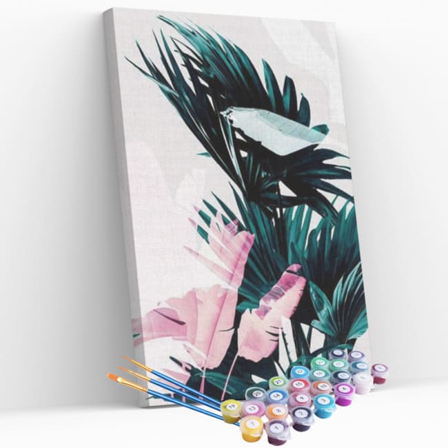 Kit pintura numerada  - Folhagens verde e rosa