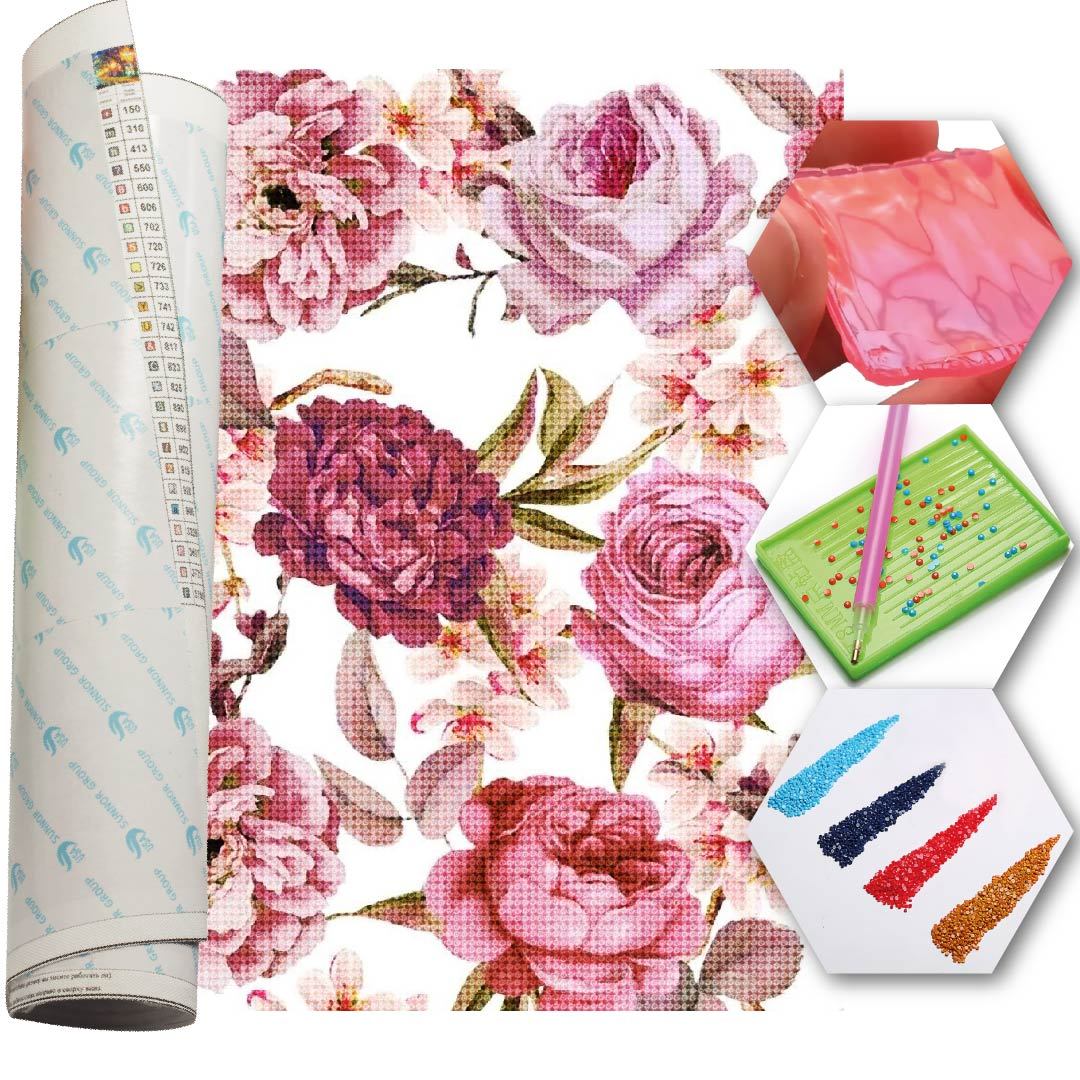 Kit Arte com Diamante - Flores Rosadas