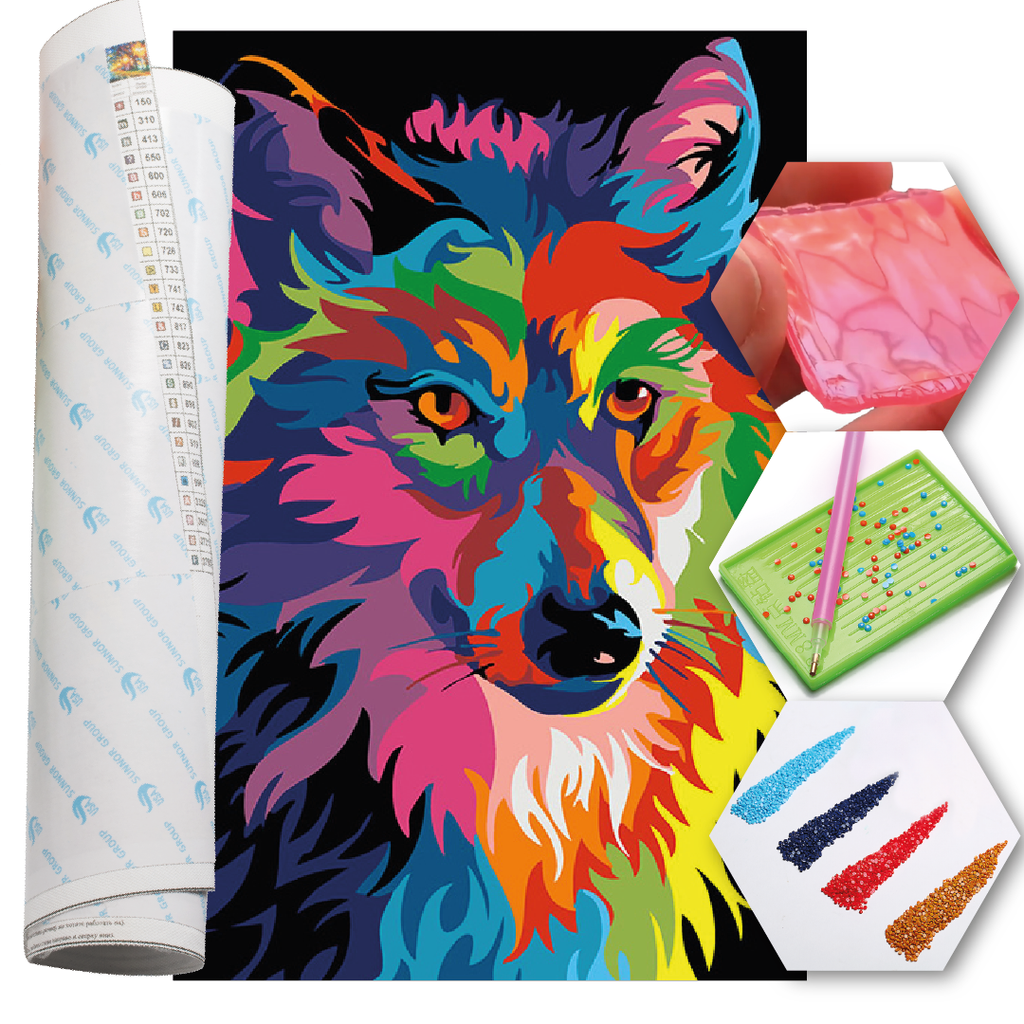 Kit Arte com Diamante - Lobo Psicodélico