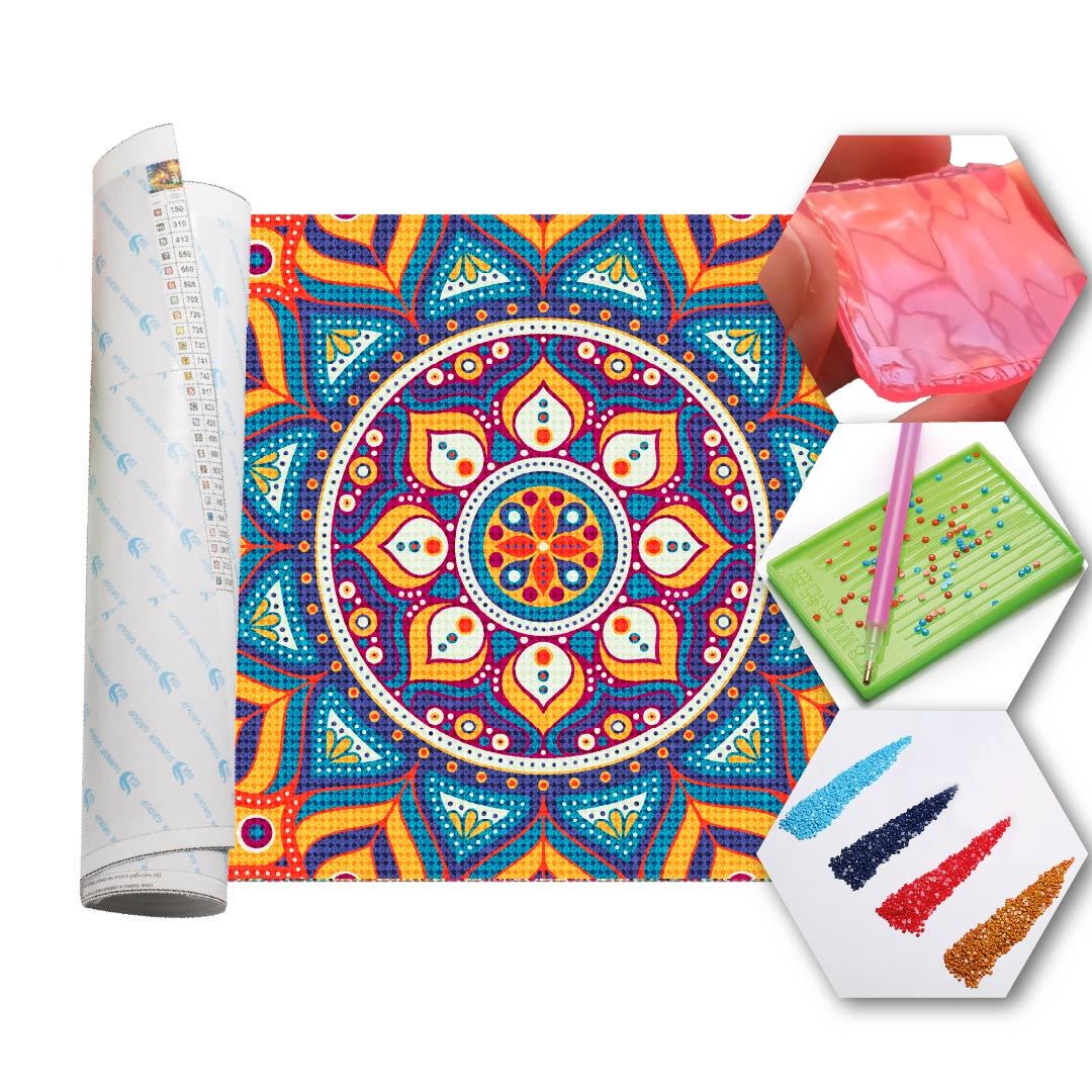 Kit Arte com Diamante - Mandala Amarela com Azul
