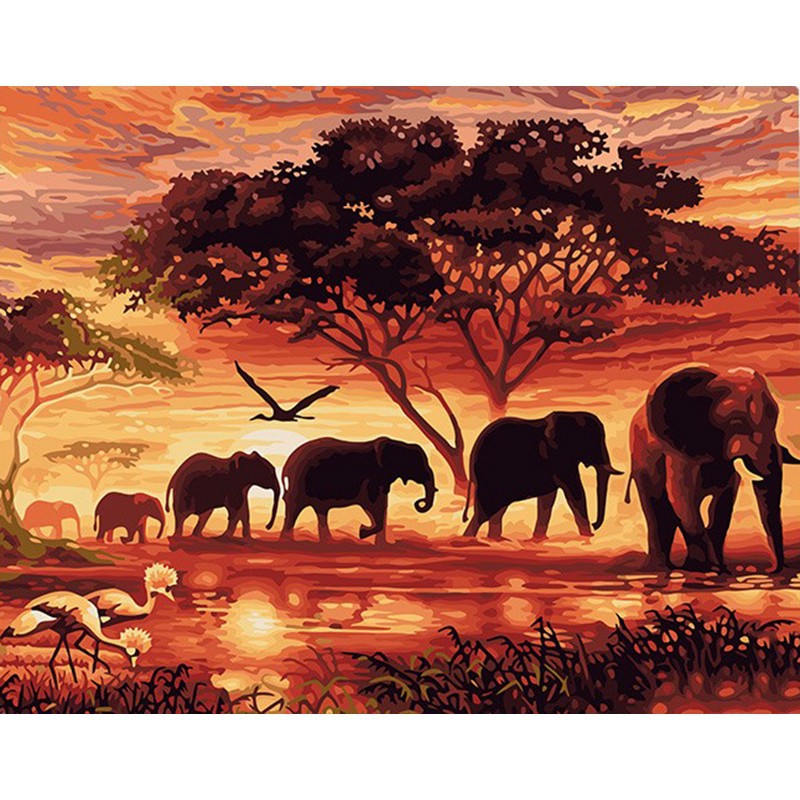 Pintura numerada terapêutica - Elefante Por Do Sol